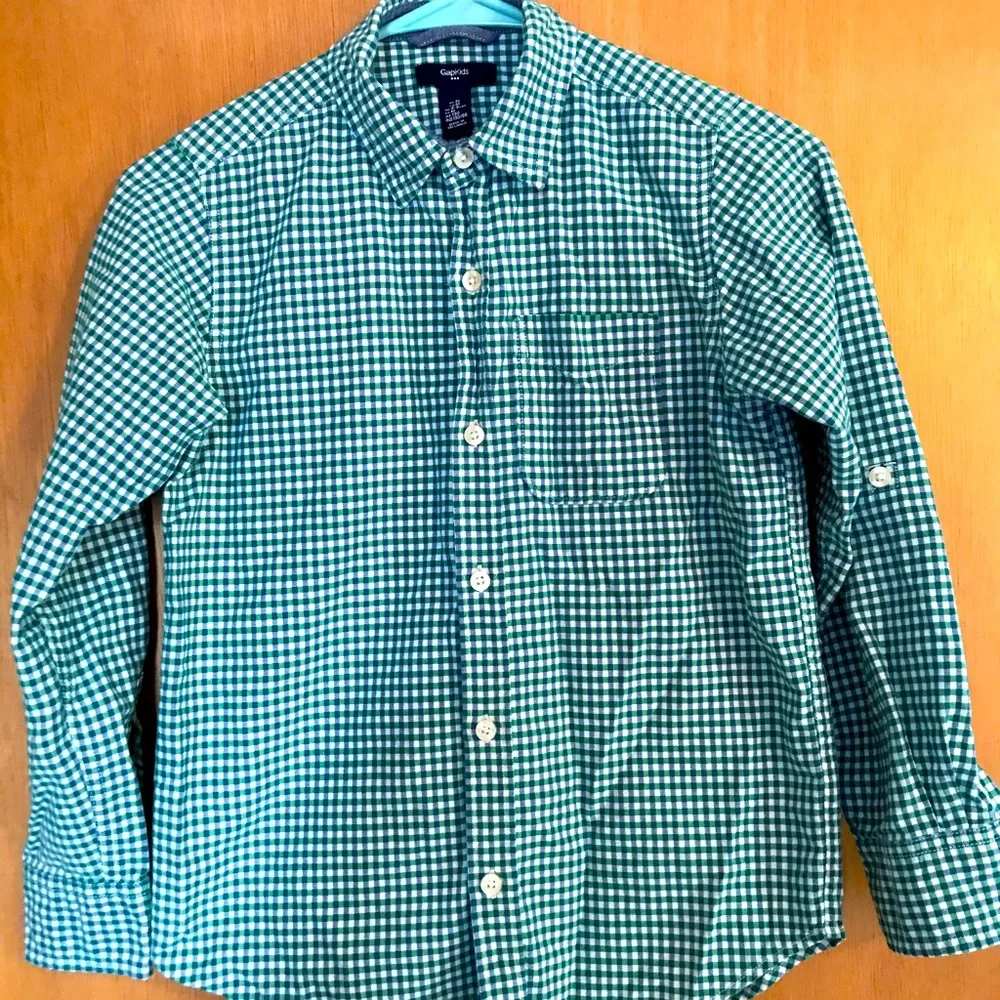 GAP Kids long-sleeve button-down gingham shirt size medium, green blue white